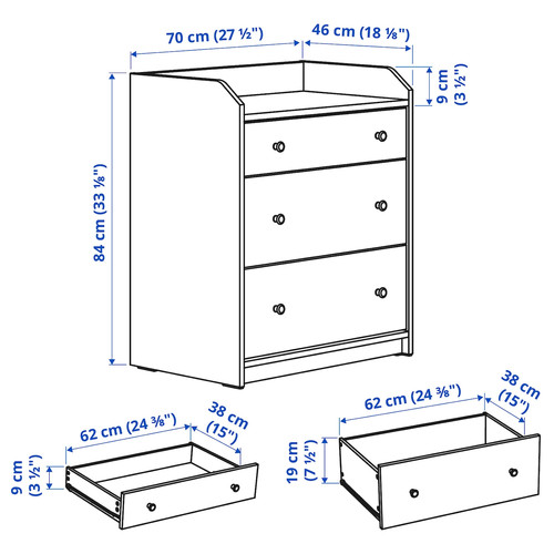 HAUGA Chest of 3 drawers, white, 70x84 cm