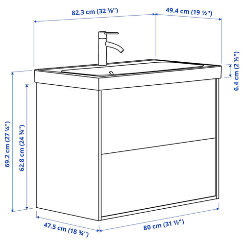 HAVBÄCK / ORRSJÖN Wash-stnd w drawers/wash-basin/tap, dark grey, 82x49x69 cm