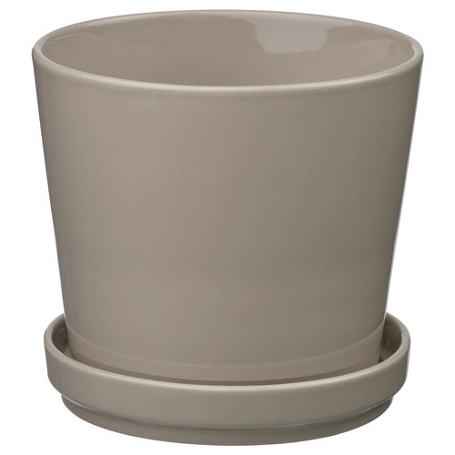 KLOTLÖNN Plant pot with saucer, in/outdoor/grey/beige, 15 cm