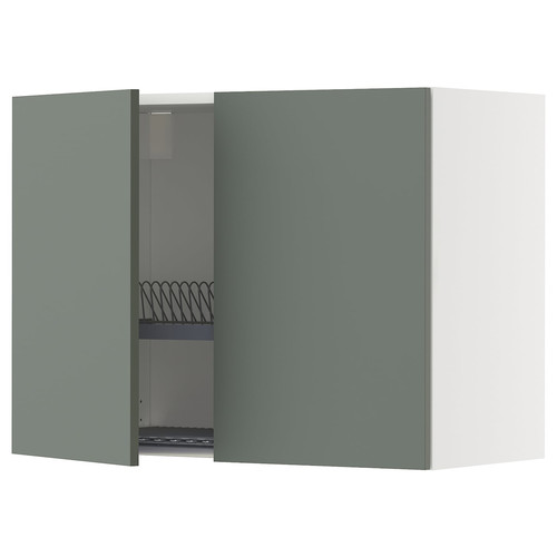 METOD Wall cabinet w dish drainer/2 doors, white/Nickebo matt grey-green, 80x60 cm