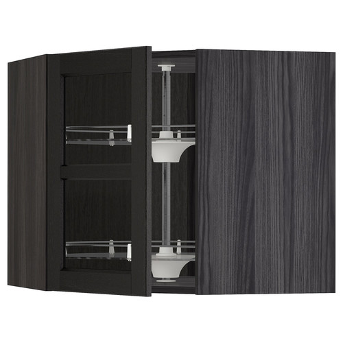 METOD Corner wall cab w carousel/glass dr, black/Lerhyttan black stained, 67.5x67.5x60 cm