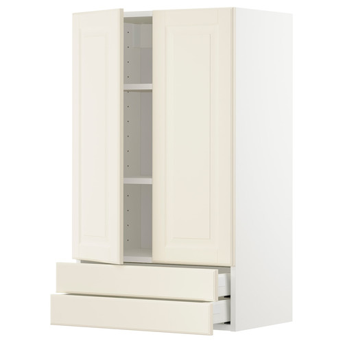 METOD / MAXIMERA Wall cabinet w 2 doors/2 drawers, white/Bodbyn off-white, 60x100 cm