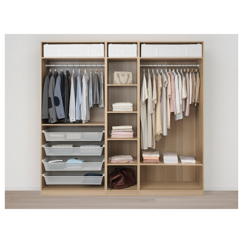 FARDAL/PAX Wardrobe combination, white stained oak effect/high-gloss/black, 250x60x236 cm