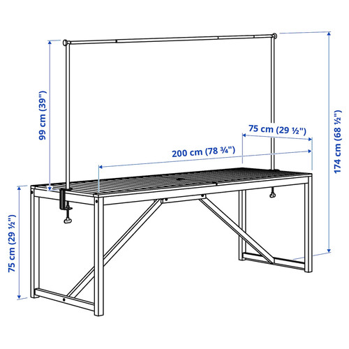 NÄMMARÖ / HELGEÖ Table with decorating rod, outdoor light brown stained/black, 200 cm