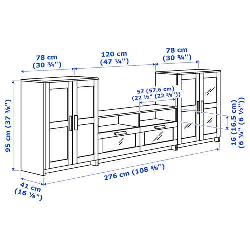 BRIMNES TV storage combination/glass doors, white, 276x41x95 cm