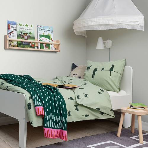 BARNDRÖM Duvet cover and pillowcase, cat pattern, green, 150x200/50x60 cm