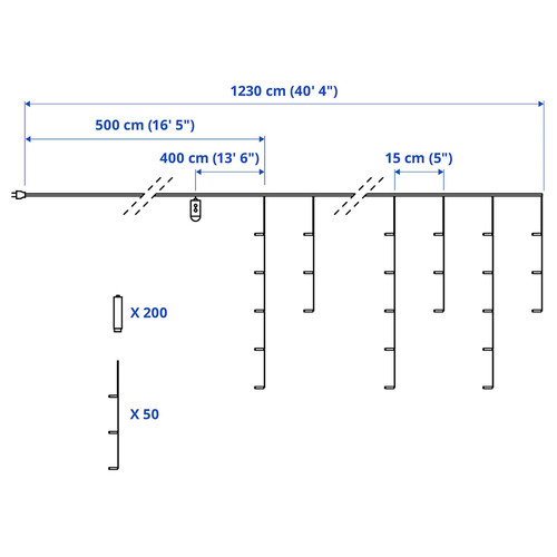 STRÅLA LED lighting chain with 200 lights, outdoor/icicle-shaped