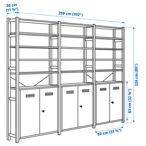 IVAR 3 sections/cabinet/shelves, pine/white, 259x30x226 cm