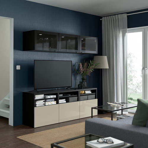 BESTÅ TV storage combination/glass doors, black-brown/Selsviken high-gloss/beige smoked glass, 180x42x192 cm