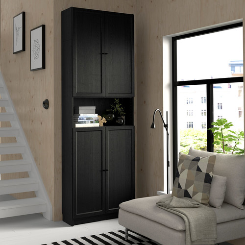 BILLY / OXBERG Bookcase w doors/ext unit, black oak effect, 80x30x237 cm