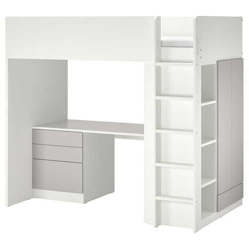 SMÅSTAD Loft bed, white grey/with desk with 4 drawers, 90x200 cm