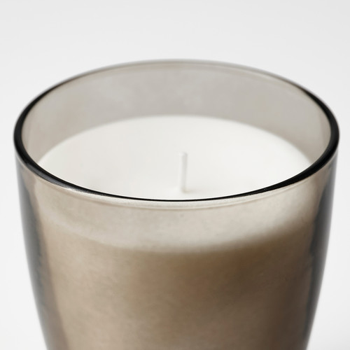 LINDLÖNNSKOG Scented candle in glass, Vanilla/grey, 50 hr