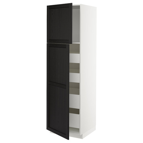 METOD / MAXIMERA Hi cab w 2 doors/4 drawers, white/Lerhyttan black stained, 60x60x200 cm