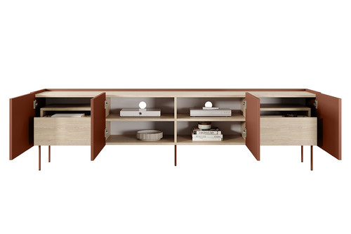 Four-Door TV Cabinet with Drawers Desin 220, ceramic red/nagano oak