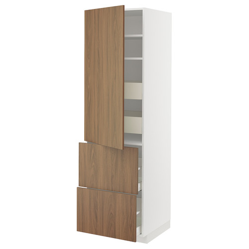 METOD / MAXIMERA Hi cab w shlvs/4 drawers/dr/2 frnts, white/Tistorp brown walnut effect, 60x60x200 cm