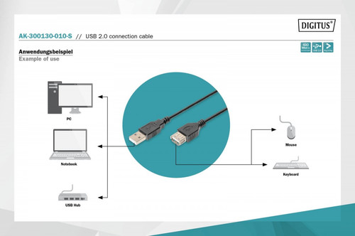 Digitus USB A - Mini USB B Connection Cable, 1m, black