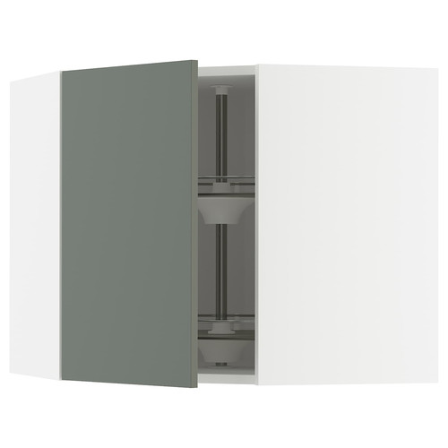 METOD Corner wall cabinet with carousel, white/Nickebo matt grey-green, 68x60 cm