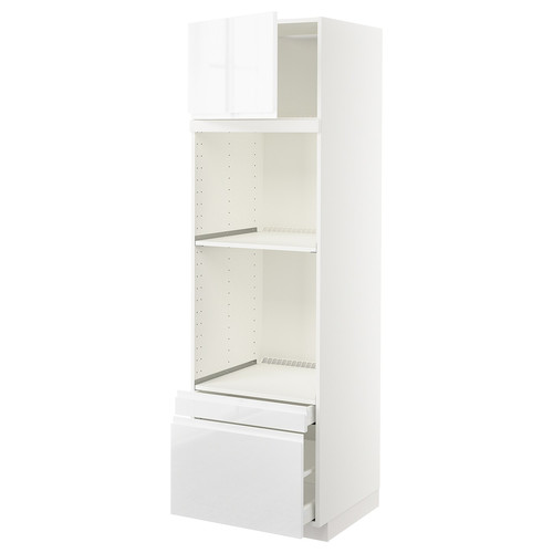 METOD / MAXIMERA Hi cab f ov/combi ov w dr/2 drwrs, white/Voxtorp high-gloss/white, 60x60x200 cm