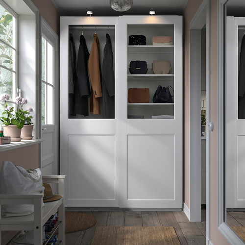 PAX / GRIMO Wardrobe combination, white/clear glass white, 150x66x236 cm