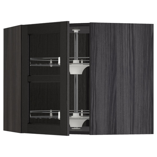 METOD Corner wall cab w carousel/glass dr, black/Lerhyttan black stained, 67.5x67.5x60 cm