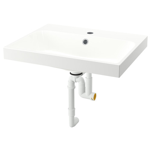 BACKSJÖN Wash-basin with water trap, white, 60x48 cm