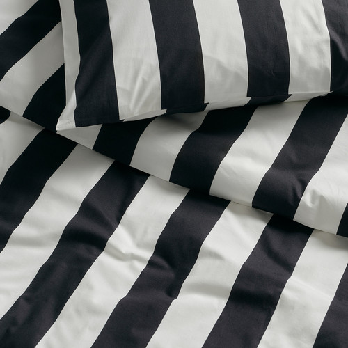 SLÅNHÖSTMAL Duvet cover and pillowcase, black/white/striped, 150x200/50x60 cm