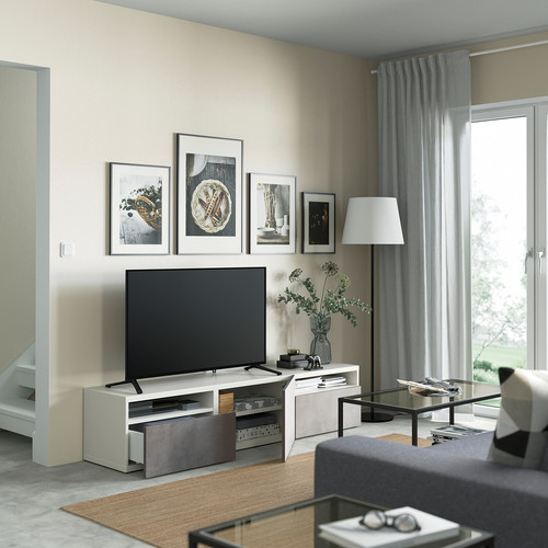 BESTÅ TV bench with drawers and door, white/Kallviken light grey, 180x42x39 cm