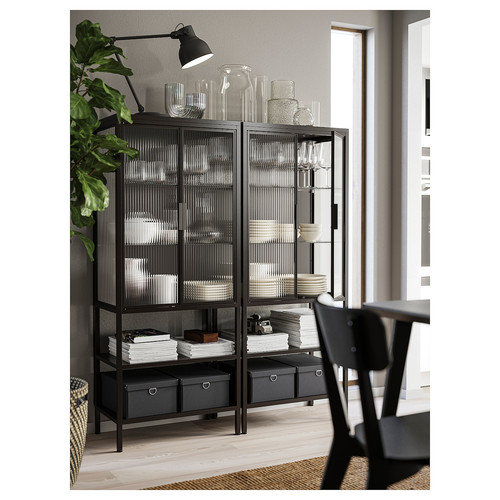 MOSSJÖN Glass-door cabinet with 2 doors, anthracite, 60x34x146 cm