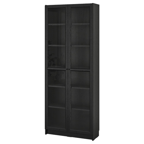 BILLY / OXBERG Bookcase w glass doors, black oak effect, 80x30x202 cm