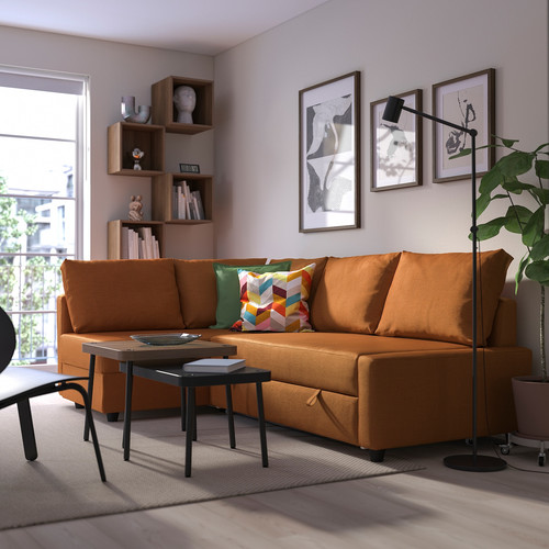 FRIHETEN Corner sofa-bed with storage, with extra back cushions/Faringe brown-orange