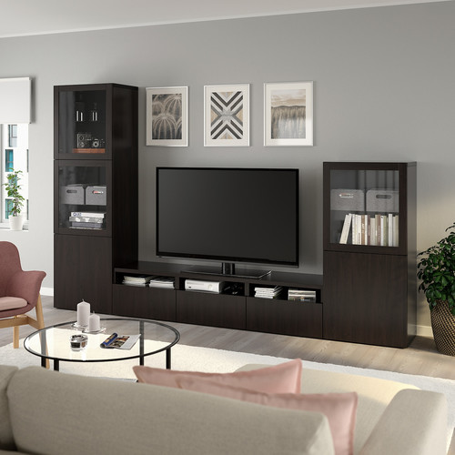 BESTÅ TV storage combination/glass doors, black-brown/Lappviken black-brown clear glass, 300x42x193 cm