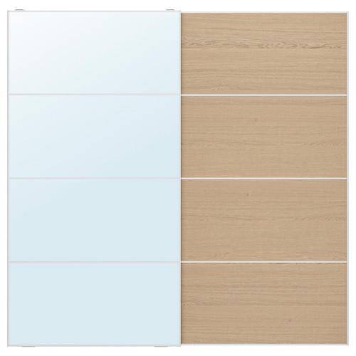 AULI / MEHAMN Pair of sliding doors, mirror glass/double sided white stained oak eff clear glass, 200x201 cm