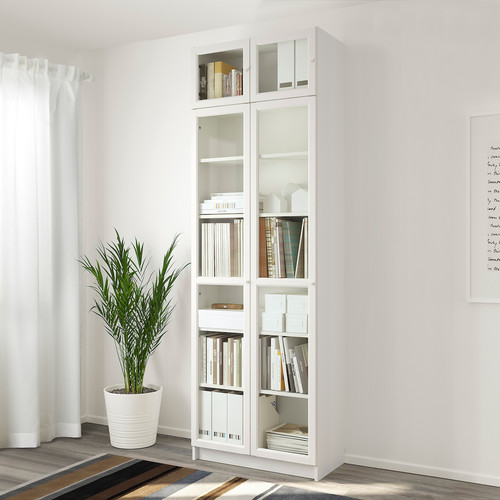 BILLY / OXBERG Bookcase w height extension ut/drs, white/glass, 80x42x237 cm