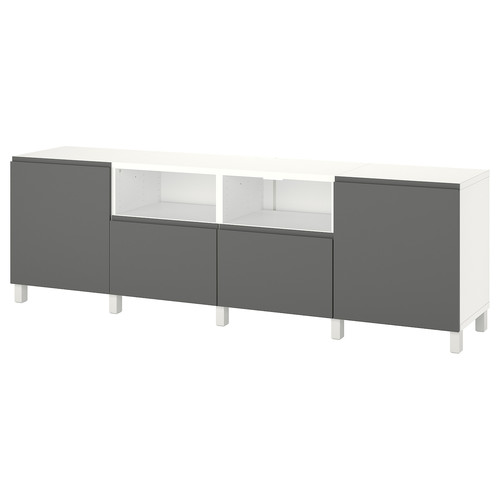 BESTÅ TV bench with doors and drawers, white/Västerviken/Stubbarp dark grey, 240x42x74 cm