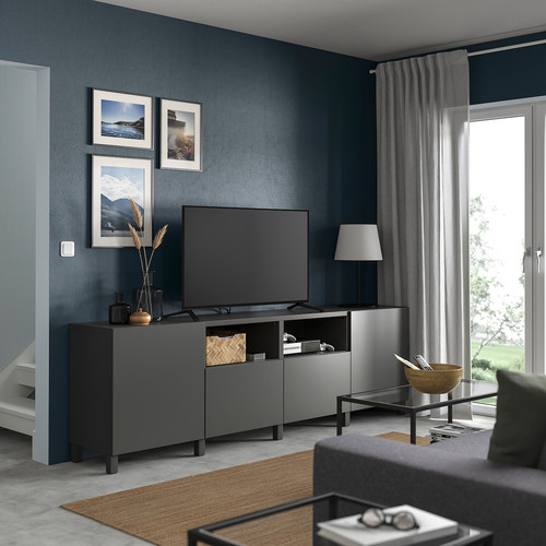 BESTÅ TV bench with doors and drawers, dark grey/Lappviken/Stubbarp dark grey, 240x42x74 cm