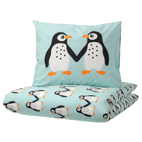 BLÅVINGAD Duvet cover and pillowcase, penguin pattern/light turquoise, 150x200/50x60 cm