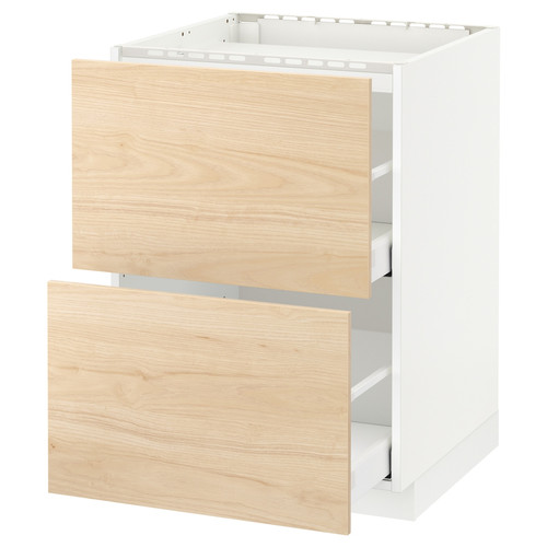 METOD / MAXIMERA Base cab f hob/2 fronts/2 drawers, white/Askersund light ash effect, 60x60 cm