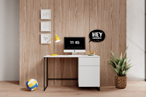 Desk with Drawer Asha 120 cm, matt white, black frame