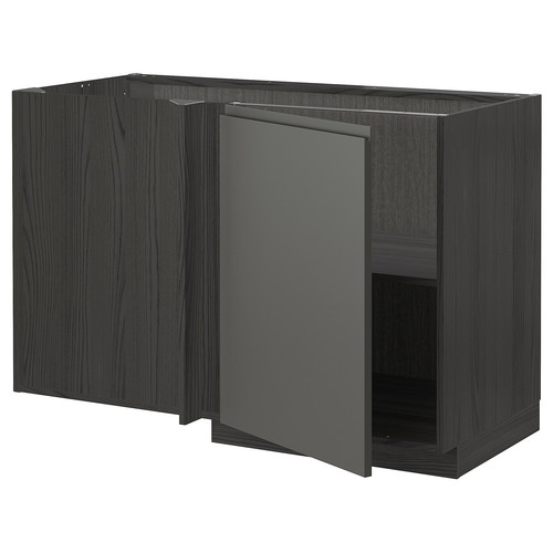 METOD Corner base cabinet with shelf, black/Voxtorp dark grey, 128x68 cm