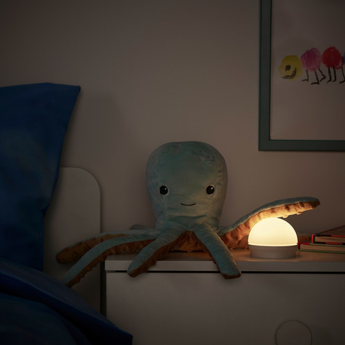 BLÅVINGAD Soft toy with LED night light, turquoise octopus/battery-operated