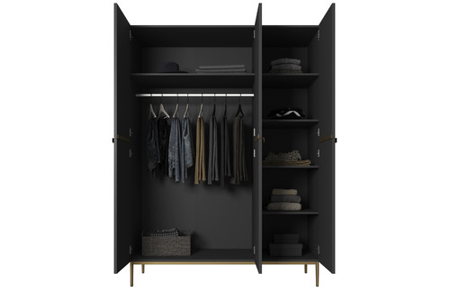 Wardrobe Nicole 150 cm, matt black, gold handles and legs