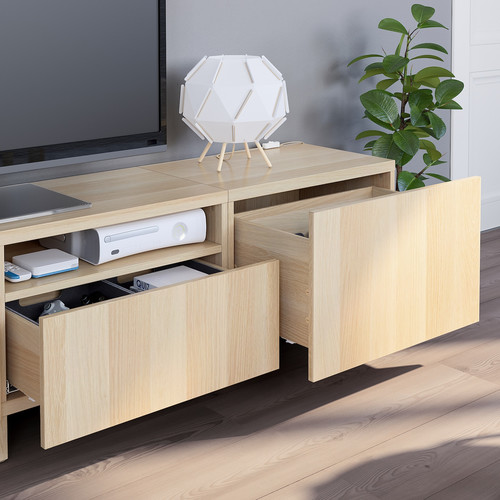 BESTÅ TV storage combination, white stained oak effect/Lappviken/Stubbarp white stained oak effect, 240x42x230 cm