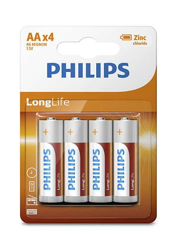 Philips LongLife Zinc-Chloride AA Batteries 4 Pack