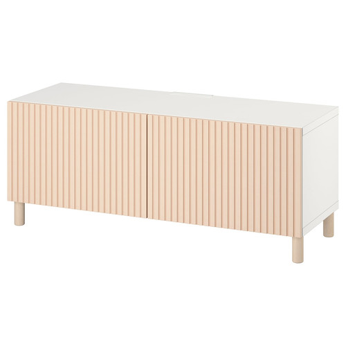 BESTÅ TV bench with doors, white Björköviken/Mejarp/birch veneer, 120x42x48 cm