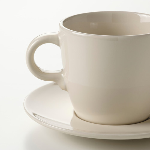 FÄRGKLAR Cup with saucer, glossy beige, 25 cl, 4 pack