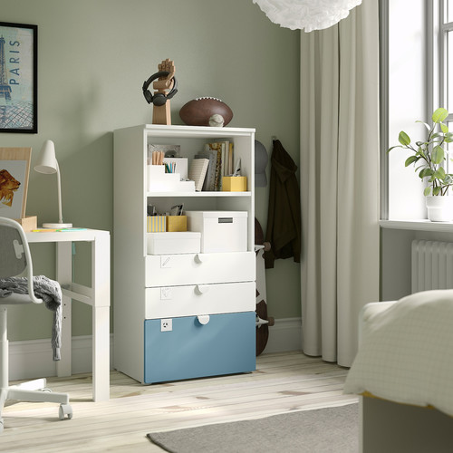 SMÅSTAD / PLATSA Bookcase, white blue/with 3 drawers, 60x42x123 cm