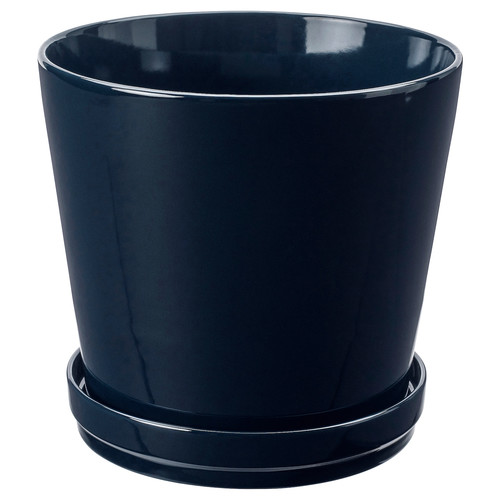 KLOTLÖNN Plant pot with saucer, in/outdoor/black-blue, 24 cm