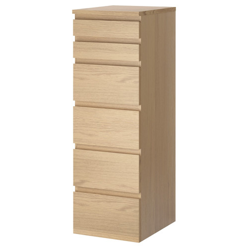 MALM Chest of 6 drawers, white stained oak veneer, mirror glass, 40x123 cm