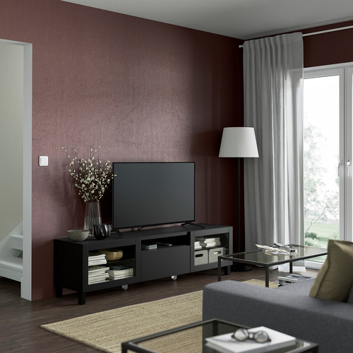 BESTÅ TV bench, black-brown/Lappviken/Stubbarp black-brown clear glass, 180x42x48 cm