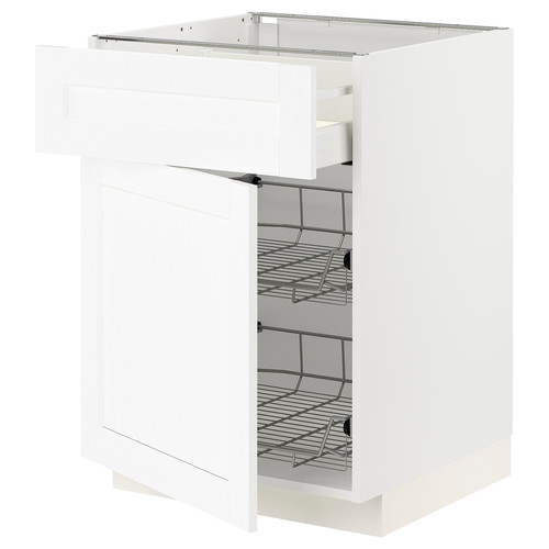 METOD / MAXIMERA Base cab w wire basket/drawer/door, white Enköping/white wood effect, 60x60 cm